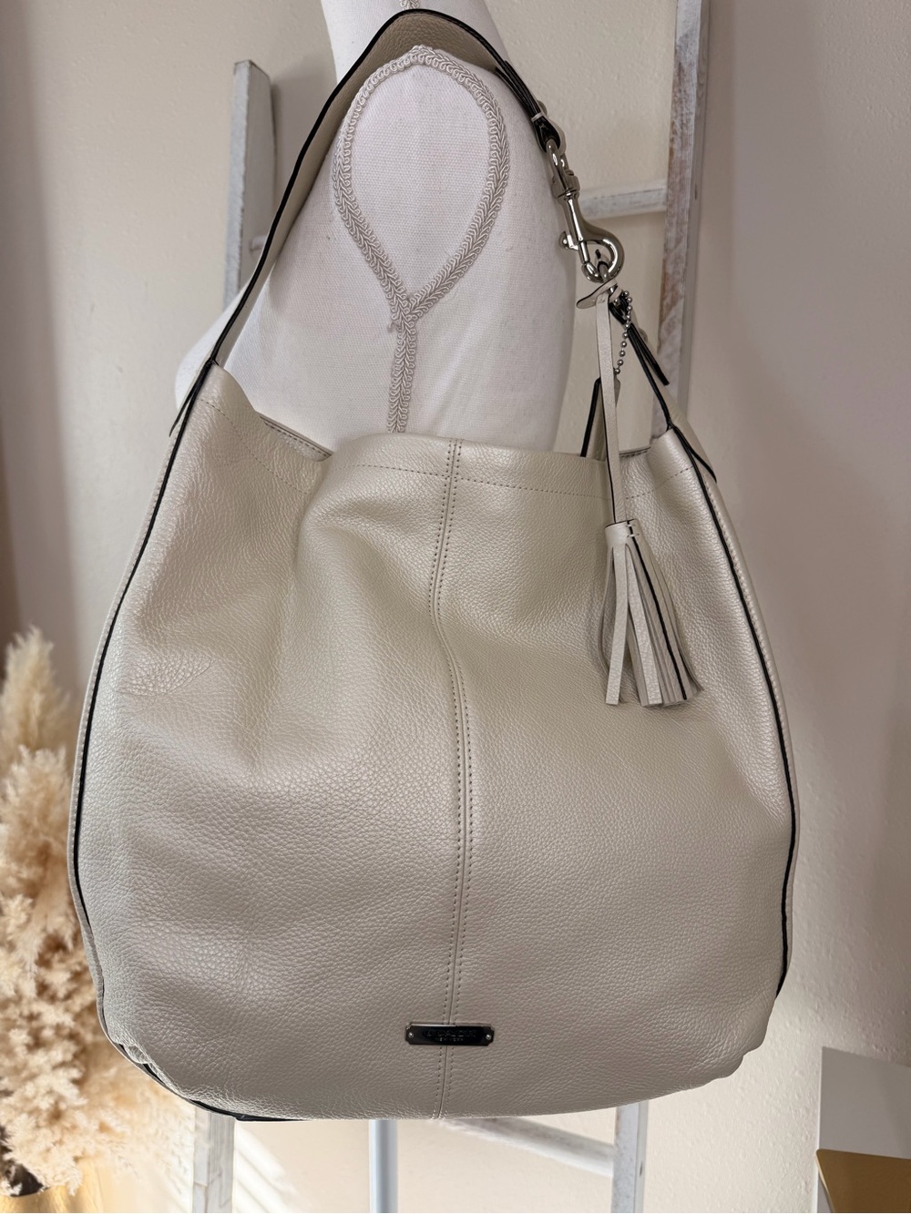 Coach Ivory Pebbled Leather Hobo Shoulder Bag with Tassel